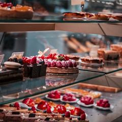 Pastry shop display with cakes and sweets